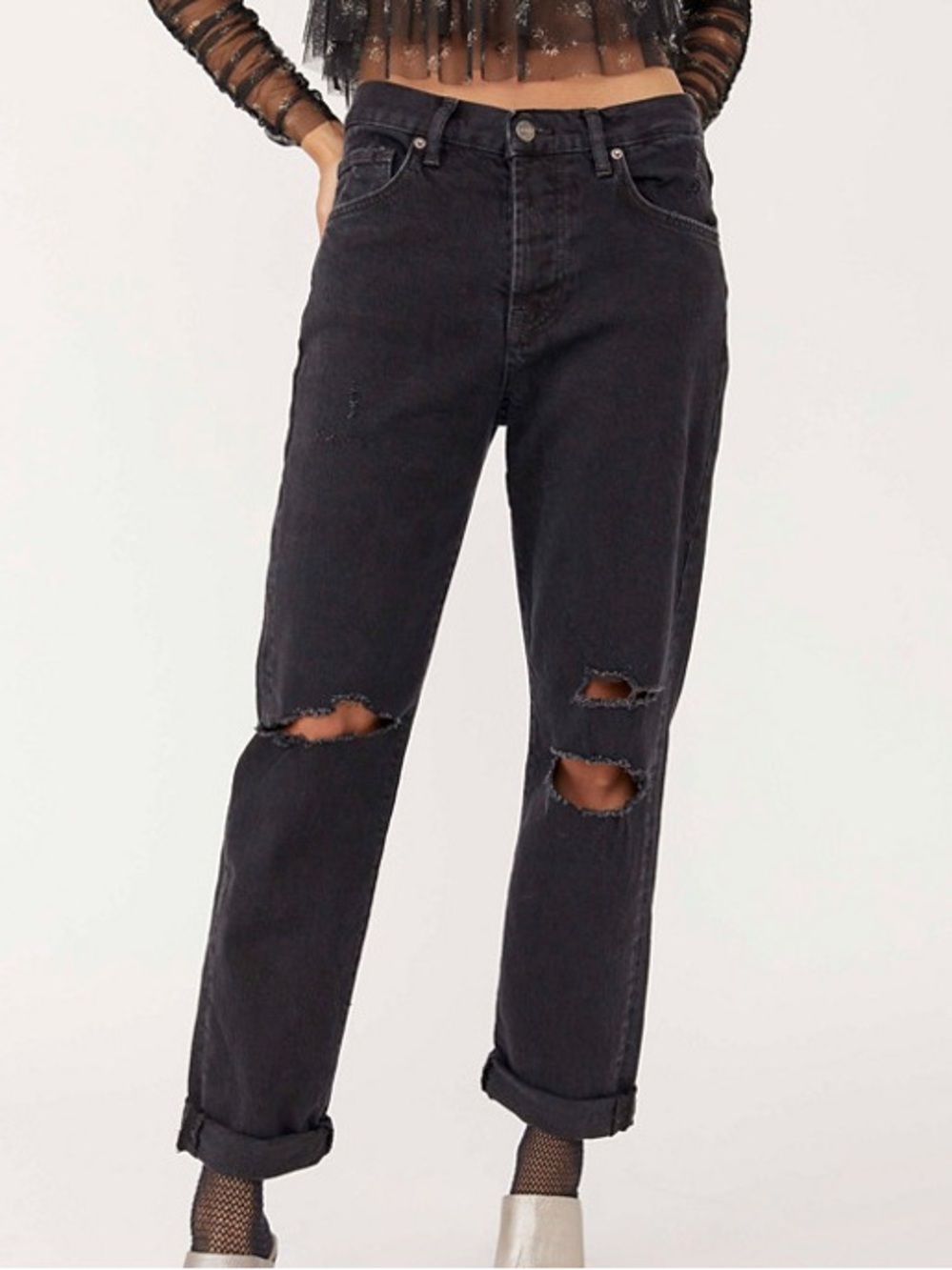 We The Free Bren Boyfriend Jeans Black Distressed Button Fly Size 24